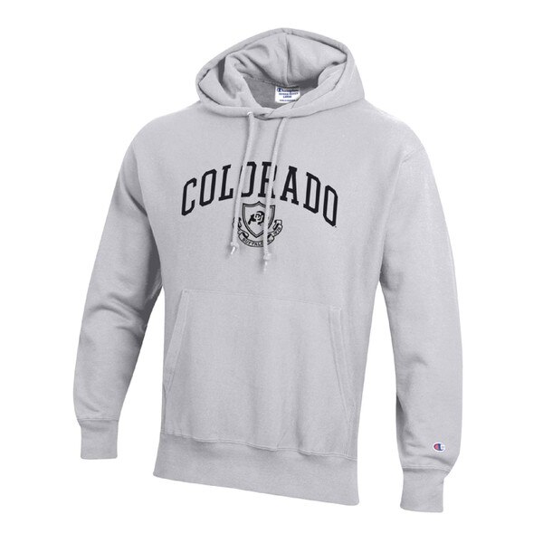 Silver grey hoodie with arched “Colorado” text and CU Buffaloes crest graphic on chest, front pouch pocket, and Champion logo on sleeve.